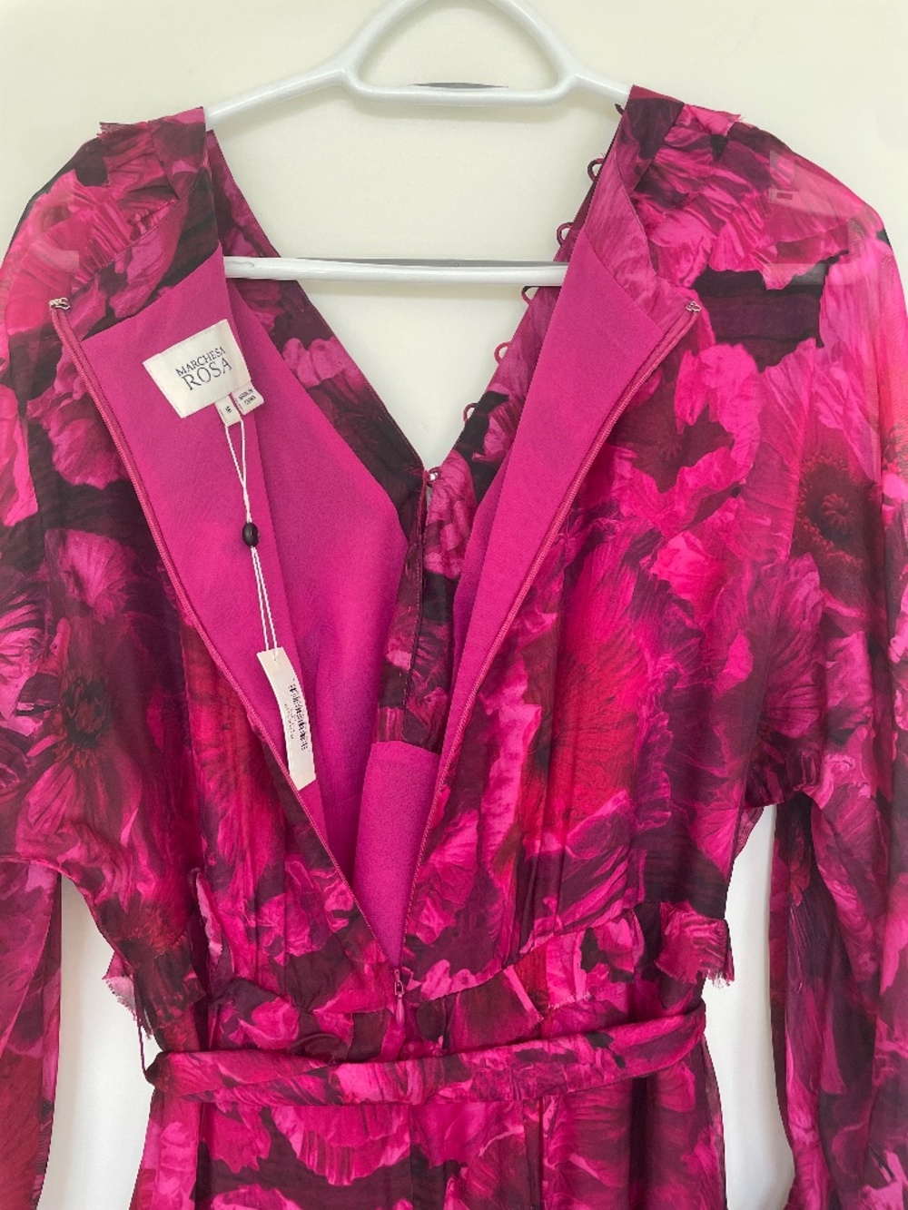 MARCHESA Rosa Leilani Floral Tiered Maxi Dress Long Sleeve V-Neck Fuchsia Size16 - Picture 9 of 15